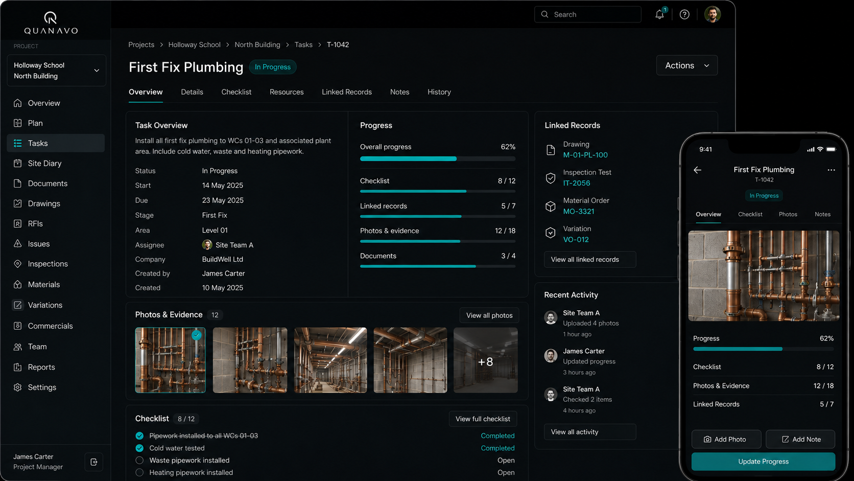 Quanavo Office task record with progress, linked records, evidence photos and the Field mobile view